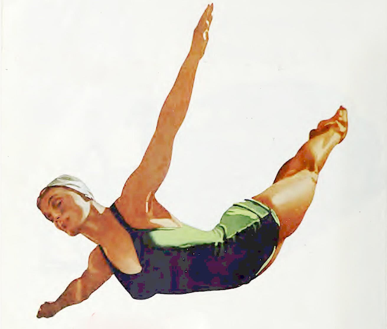 High diver mid-air landing pose outdoors, classic sports photography, athleticism and precision, vintage style image, summer outdoor sports scene, diving competition, water sports athlete, joyful expression, dynamic movement capture, past daily news archive relevance.