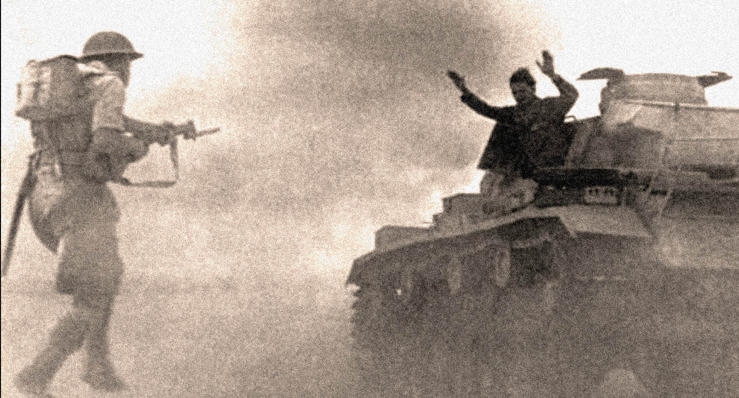 A soldier with a rifle confronts a person waving from a tank amidst a desert battlefield, capturing historic conflict scenes related to wartime news, history, and military history.