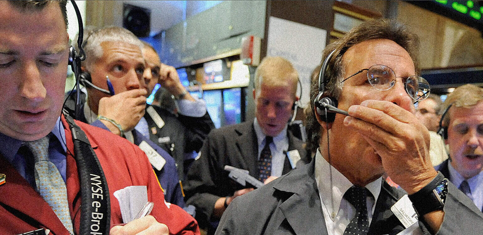 Newsroom traders with headsets reacting to market news at Stock Exchange, financial professionals monitoring stock prices.