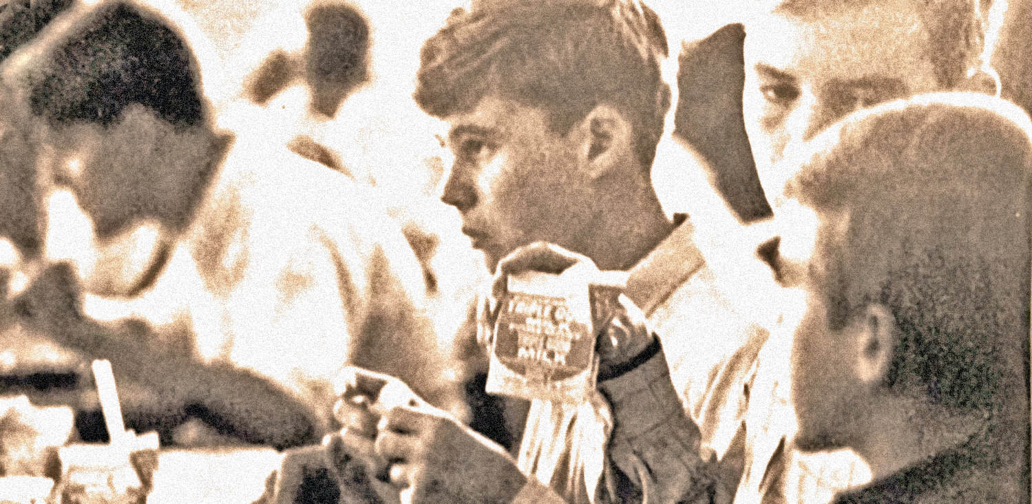 Newspaper boy reading a newspaper at a busy street scene, capturing historical moments with news, music, and history archives, evoking nostalgia and media history, vintage news reporting.