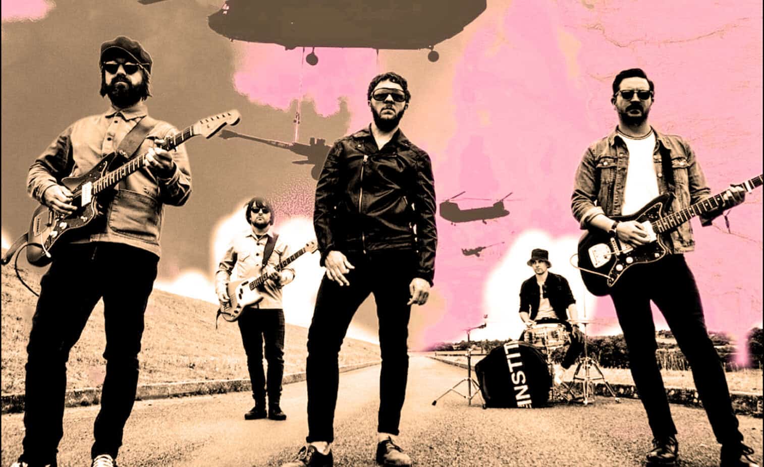 Guitar band performing outdoors with helicopters flying overhead, blending music and historical imagery, symbolizing a fusion of news, history, and music in a vintage-inspired artistic scene.