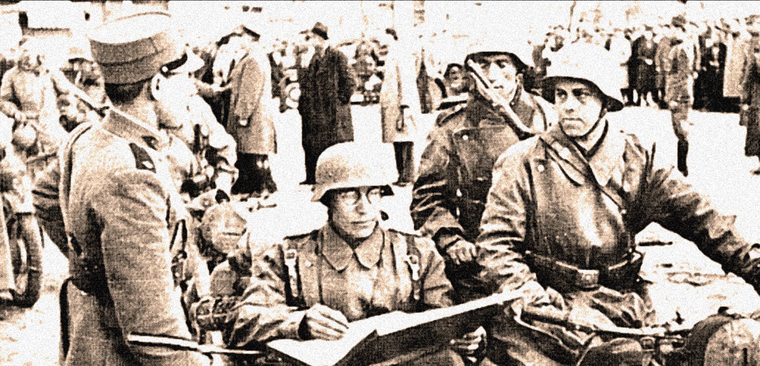 History of World War II, soldiers and military officers discussing strategy, vintage black-and-white photograph of wartime leaders, historical news archive, military personnel in uniform during wartime.