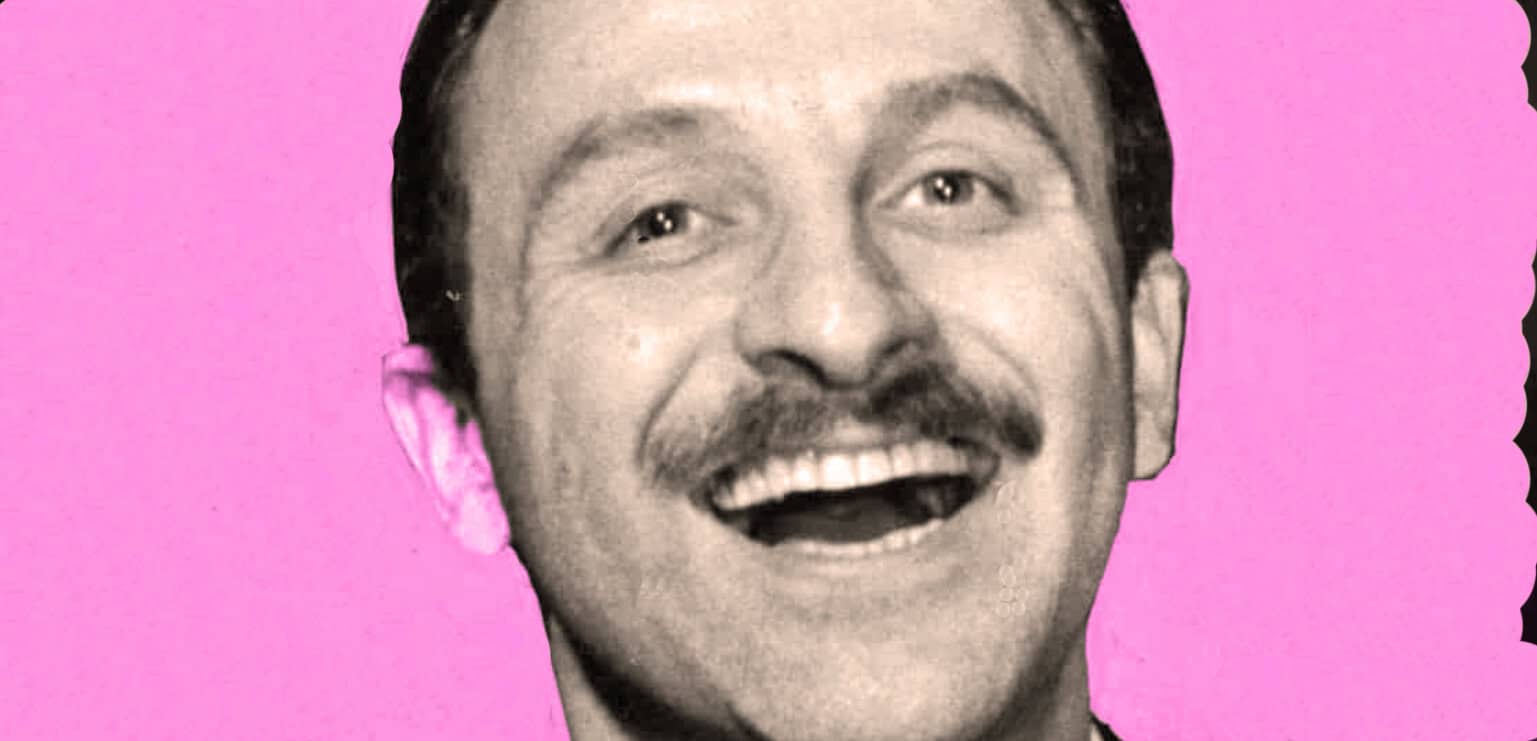 Vintage radio personality with a cheerful expression, representing news, history, and music archives, in a vibrant pink background.