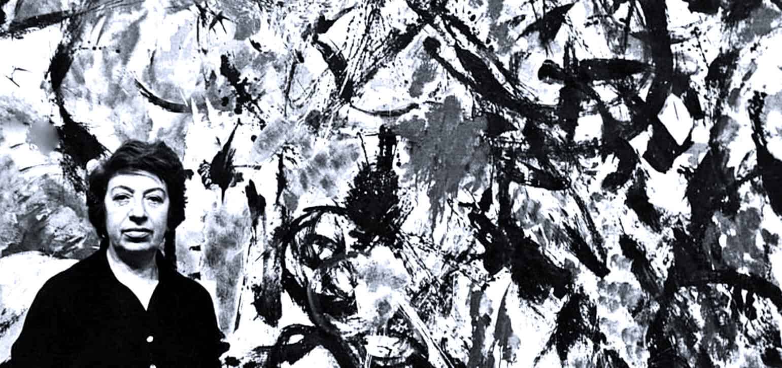 Vivid black and white abstract art background with a woman standing in front, representing a sound archive of news, history, and music at Past Daily.