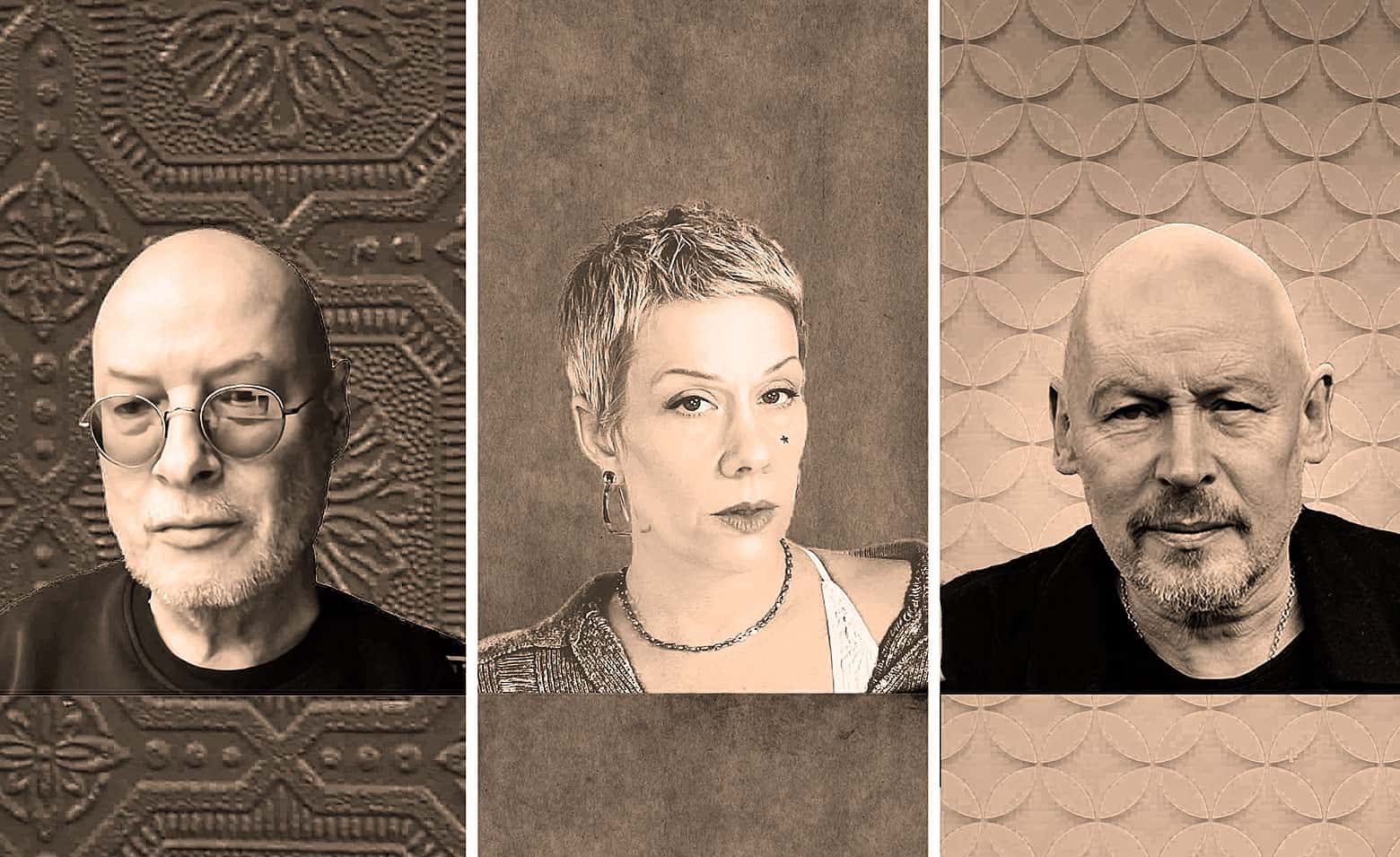 History podcast hosts collage, vintage style sepia tone, news and music archive, Radio and media interview, Past Daily branding, media personalities, nostalgic sound archive imagery.