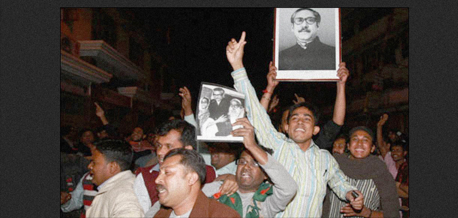 Historical protest scene with people holding portraits, demonstrating during a political or cultural event.