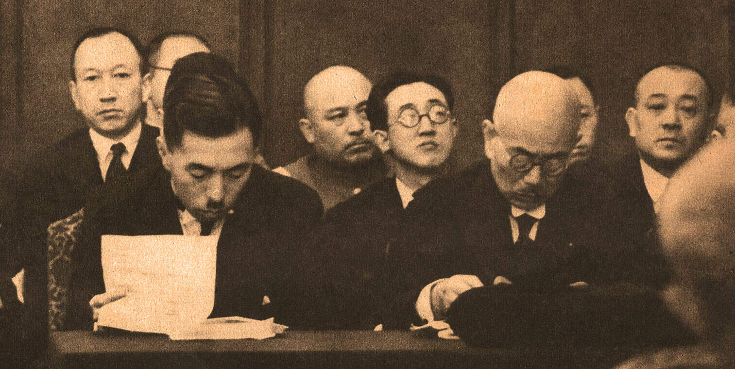 Archive of historical news and music recordings, featuring a group of Japanese and international officers at a formal event or meeting, highlighting vintage sound archives and early 20th-century media history.