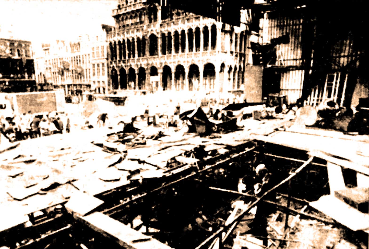 Damaged city street scene with debris and destroyed buildings, illustrating historical destruction and urban damage from past events, related to news, history, and music archives.