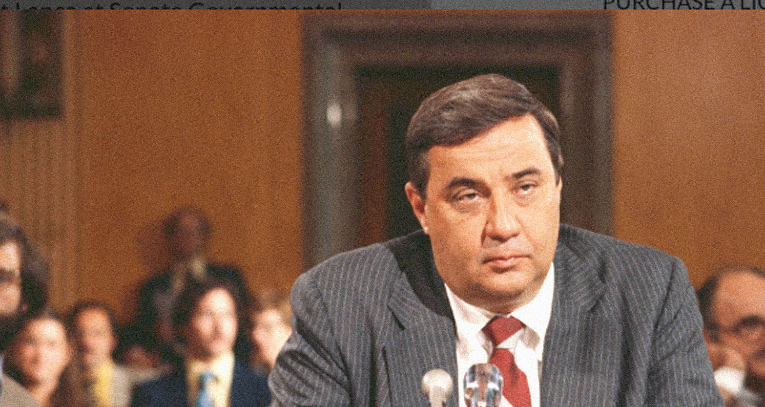 Blurred image of a man testifying in a courtroom, representing historic news and media coverage, with an emphasis on classic television moments, legal proceedings, and archival sound recordings.