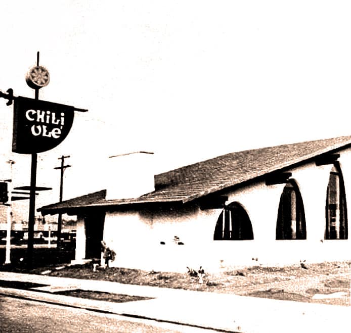 Chili Uke restaurant in a vintage black and white photo, featuring mid-century architecture and a sign, representing historical food culture and nostalgic design.