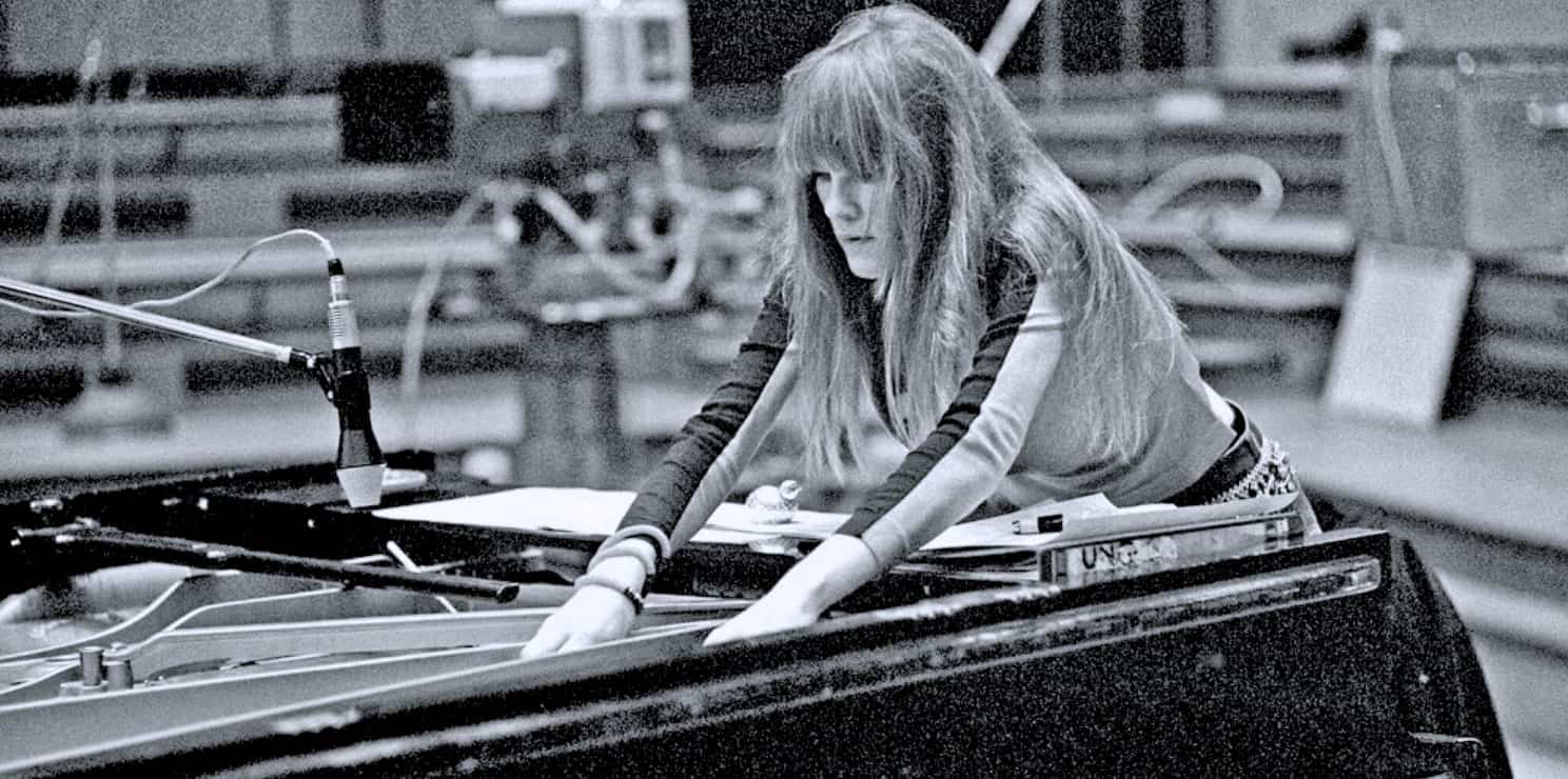 Recording studio musician woman mixing music black and white image.
