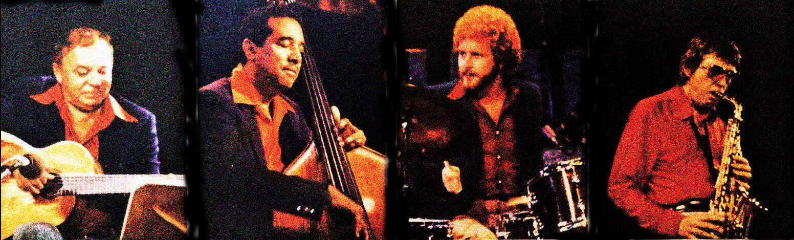 B&W jazz musicians performing with instruments on stage, capturing a vintage concert scene at Past Daily: A Sound Archive of News, History, and Music.