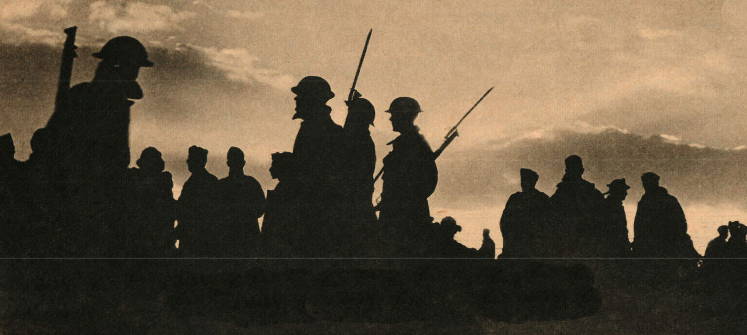 Silhouettes of soldiers in combat gear during a historical military event, emphasizing war history, news archives, and historic sound recordings, connected to Past Daily's news, history, and music archive.