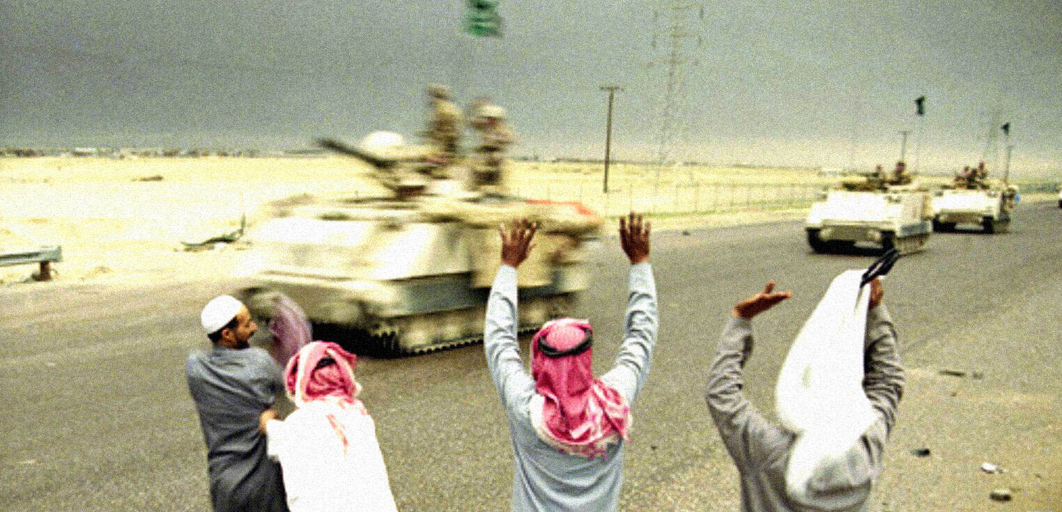 Military tank and armed personnel in desert, historical warfare scene, Middle East conflict, military vehicles in arid environment, news and history documentation, Peace protest in Middle East, vintage news footage.