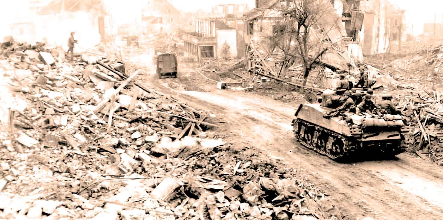 Ruined city street with rubble and debris after destruction, damaged buildings and a tank moving through the chaos, representing war and destruction.