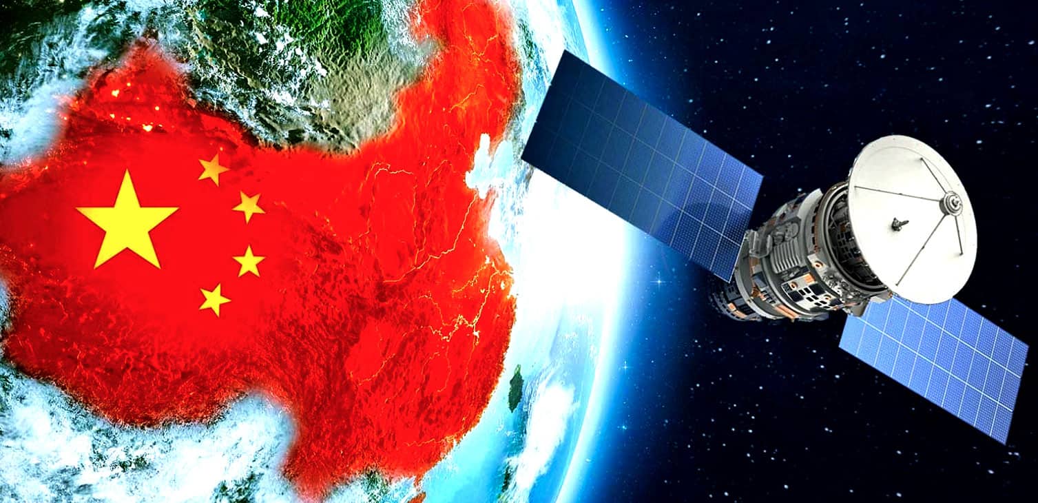 Satellite orbiting Earth with the Chinese flag superimposed on the planet's surface, representing China's space exploration efforts and space technology advancements.