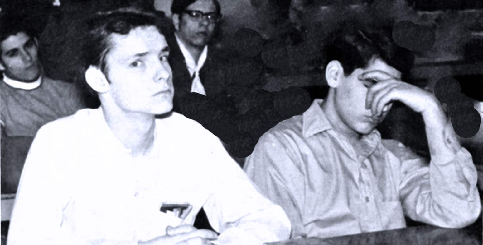 Vintage black and white photograph of young men attending a news or history discussion event, focusing on music, radio, and cultural archives relevant to Past Daily.
