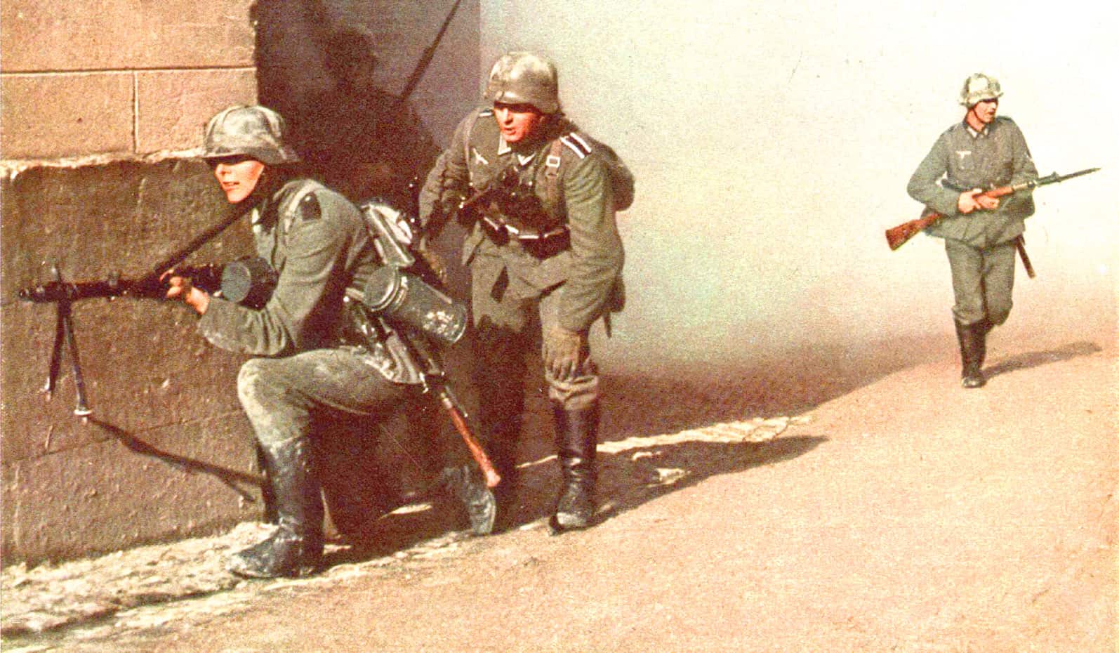 Soldiers in combat gear taking cover and advancing during a historic wartime scene, capturing the intensity of military conflict and history, featured on Past Daily's sound archive of news and history.