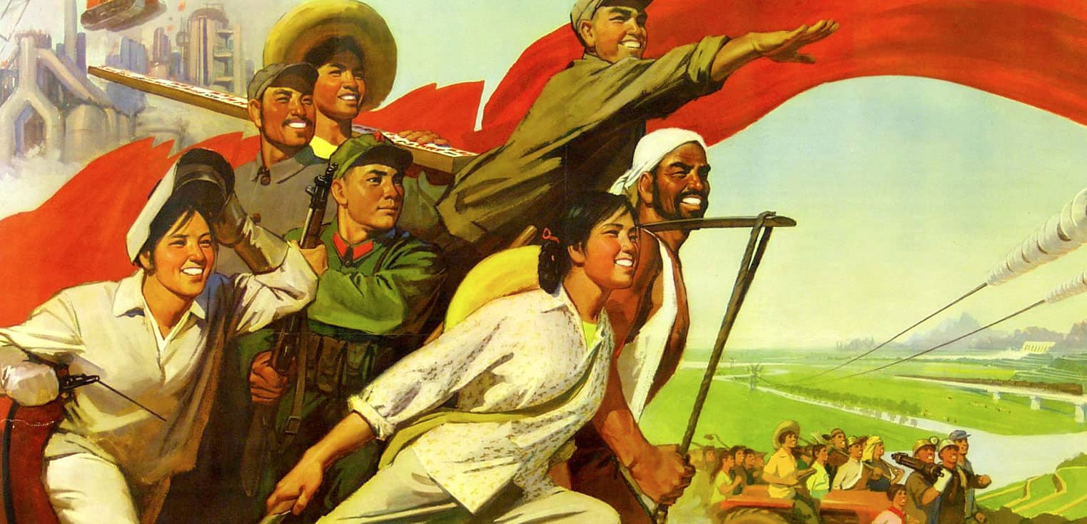 Vivid mural depicting revolutionary figures rallying with fists raised and a red flag, symbolizing workers' movement, history, and social activism, amid green fields and historical cityscape background.