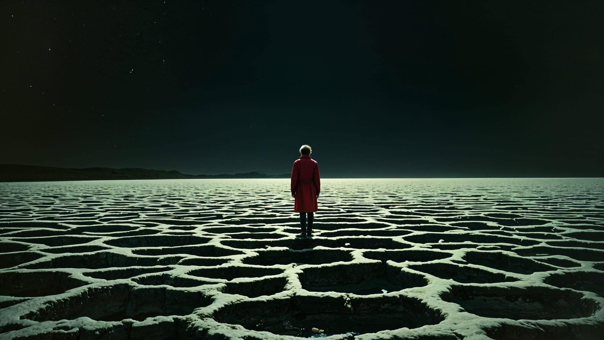 Lonely person standing on cracked dry salt flats under starry night sky, symbolizing climate change and environmental crisis, featured in Past Daily: A Sound Archive of News, History, and Music.
