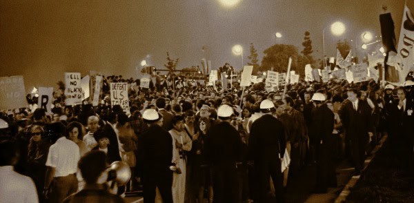 Protest crowd holding signs during a public demonstration, capturing a historic moment of activism and social change.