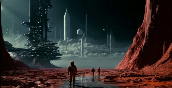 Futuristic space landscape with astronauts exploring alien terrain, towering space station, and distant planets in a science fiction setting.