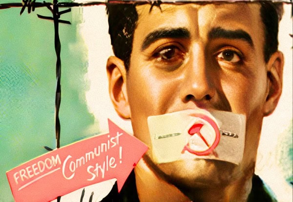 Oppressed man with gag tape and protest signs symbolizing freedom and anti-communist resistance, reflecting historical political protests and activism.