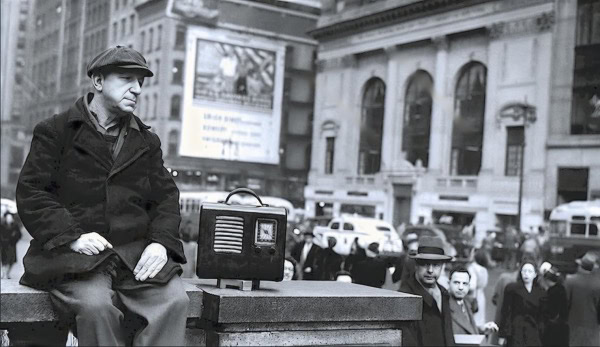Vintage street scene with a man sitting on a ledge, surrounded by citylife, reflecting historic news and music archives from Past Daily.