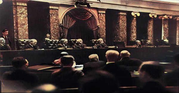 Historical court hearing with judges and attorneys in a historic courtroom setting, capturing legal proceedings, law, justice, and history themes.