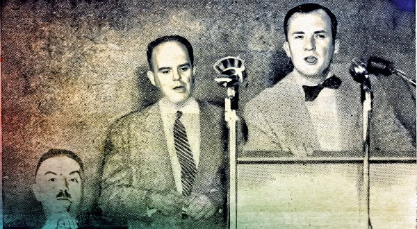 Vintage radio broadcast scene with men in suits speaking into microphones, representing historical news and music recordings for Past Daily's sound archive.