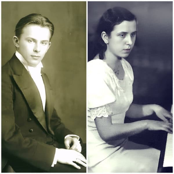 Young man in formal suit, young woman playing piano, vintage black and white portrait, historical photo, early 20th-century music and culture, classic photograph, Past Daily archive.