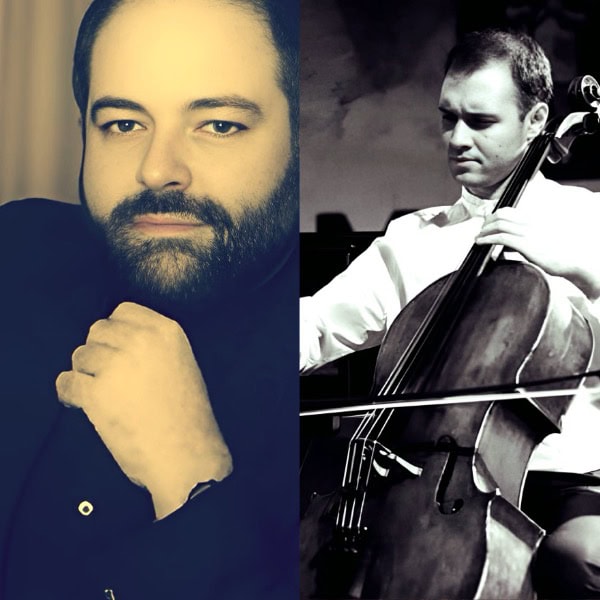 Portrait of two musicians, one with a beard and contemplative expression, the other playing a cello, representing a sound archive of news, history, and music on Past Daily.