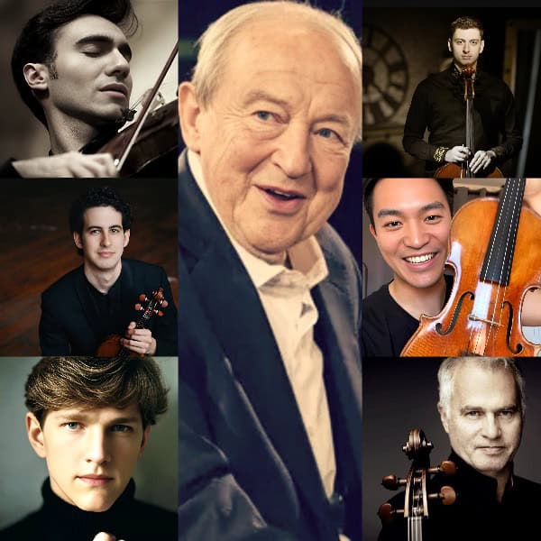 Young classical violinist performing music, professional musician with cello, orchestra conductor, and prominent older man in the music industry - showcasing diverse musicians and historic sound recordings from Past Daily.