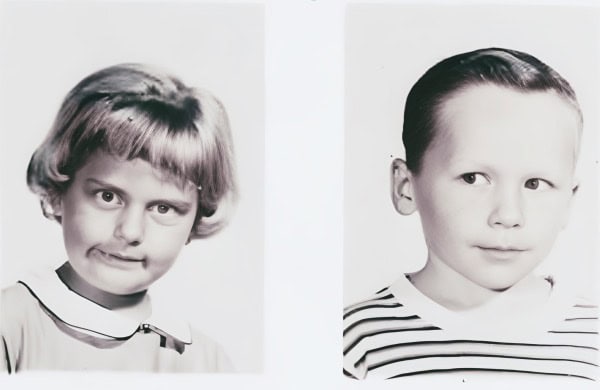 Vintage children portrait black and white photographs, young girl and boy with classic hairstyles, timeless innocence, nostalgic family imagery, suitable for historical archive or childhood memories.