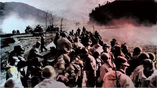 Millions of refugees fleeing conflict, with smoke and chaos in the background, illustrating historical wartime upheavals and human displacement.