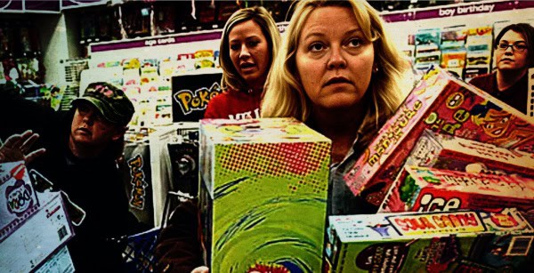 Unexpected shopping chaos at a retail store with excited customers and colorful products on display.