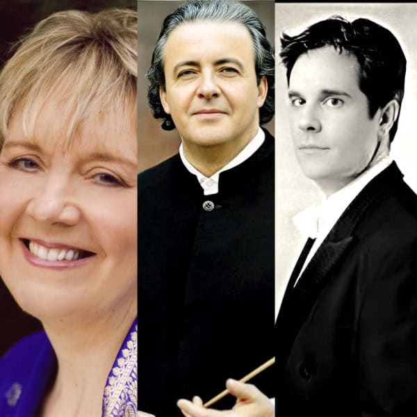 Portrait of a smiling woman with blonde hair, a distinguished man in a tuxedo, and a classical conductor with a baton, representing music and historical figures in an archival image.