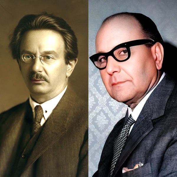 Portrait of two men in vintage and modern attire, historical and music archive enthusiasts, representing pastdaily.com, a sound archive of news, history, and music, emphasizing nostalgic and archival audio collections, historical figures, and influential personalities in media history.