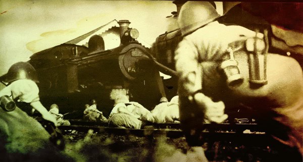 Emergency firefighters and soldiers during wartime rescue operation around a train wreckage.