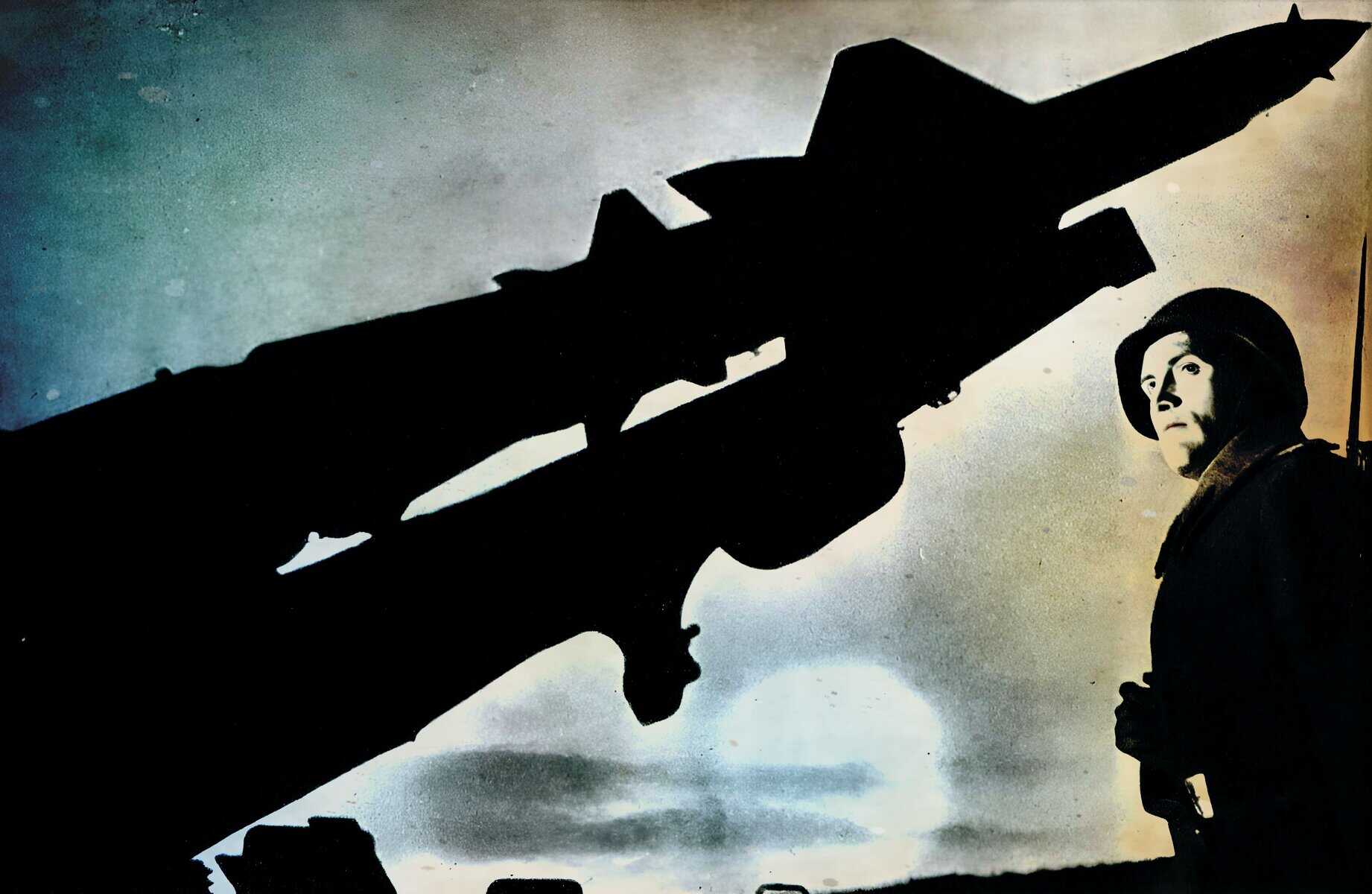 A silhouette of a female soldier with a missile launcher on her shoulder, silhouetted against a striking sunset sky, symbolizing military strength, defense, and historical conflict.