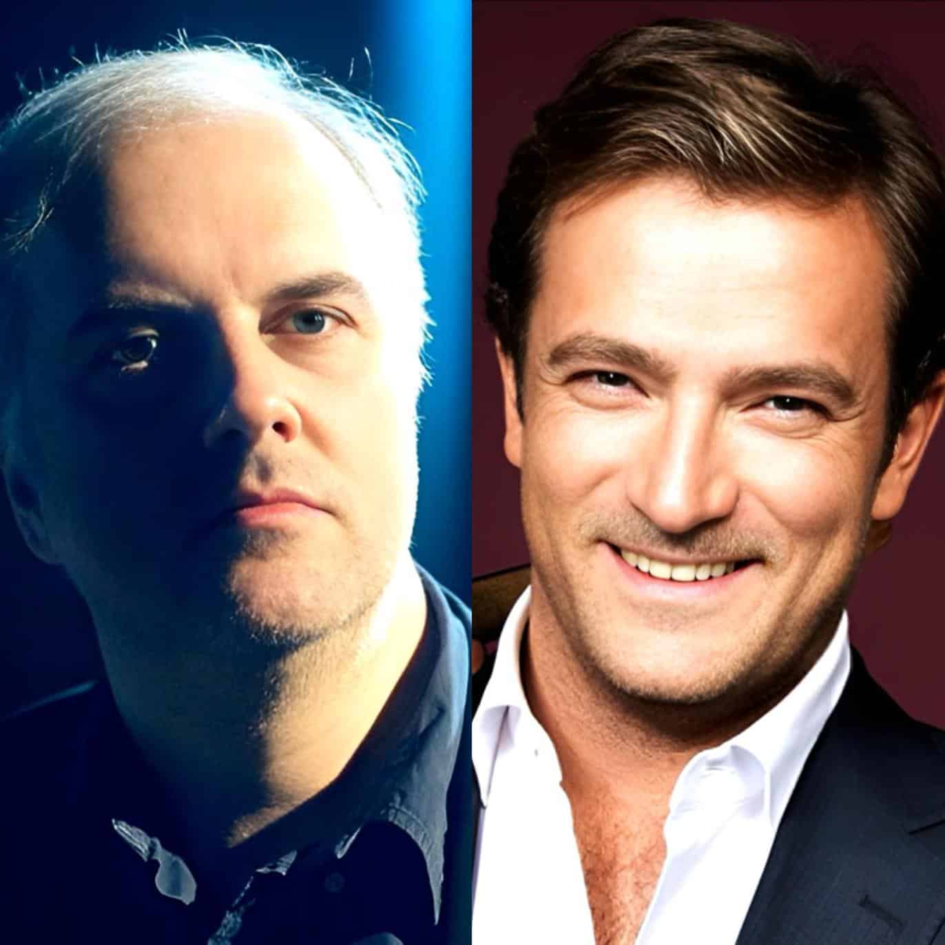 Portrait of two male hosts, professional news and music personalities, on a vibrant background - capturing the essence of sound archives, history, and broadcast media.