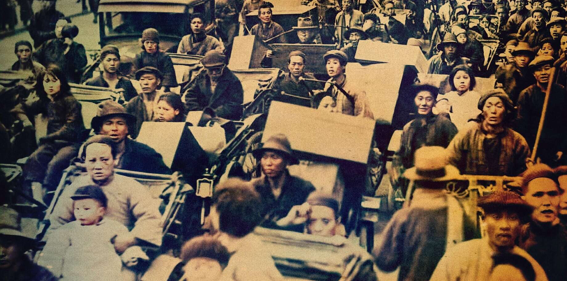 Crowd of Vietnamese women and children riding in open-top vehicles during a historical protest, capturing news, history, and cultural moments for sound archive preservation.