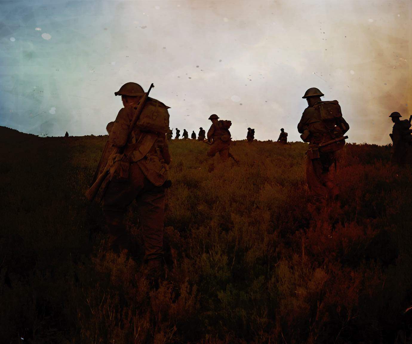 Silent military soldiers walking through grassy hillside during twilight, symbolizing historic news, war history, and military updates. Perfect for vintage news archives and World War II music and history collections.