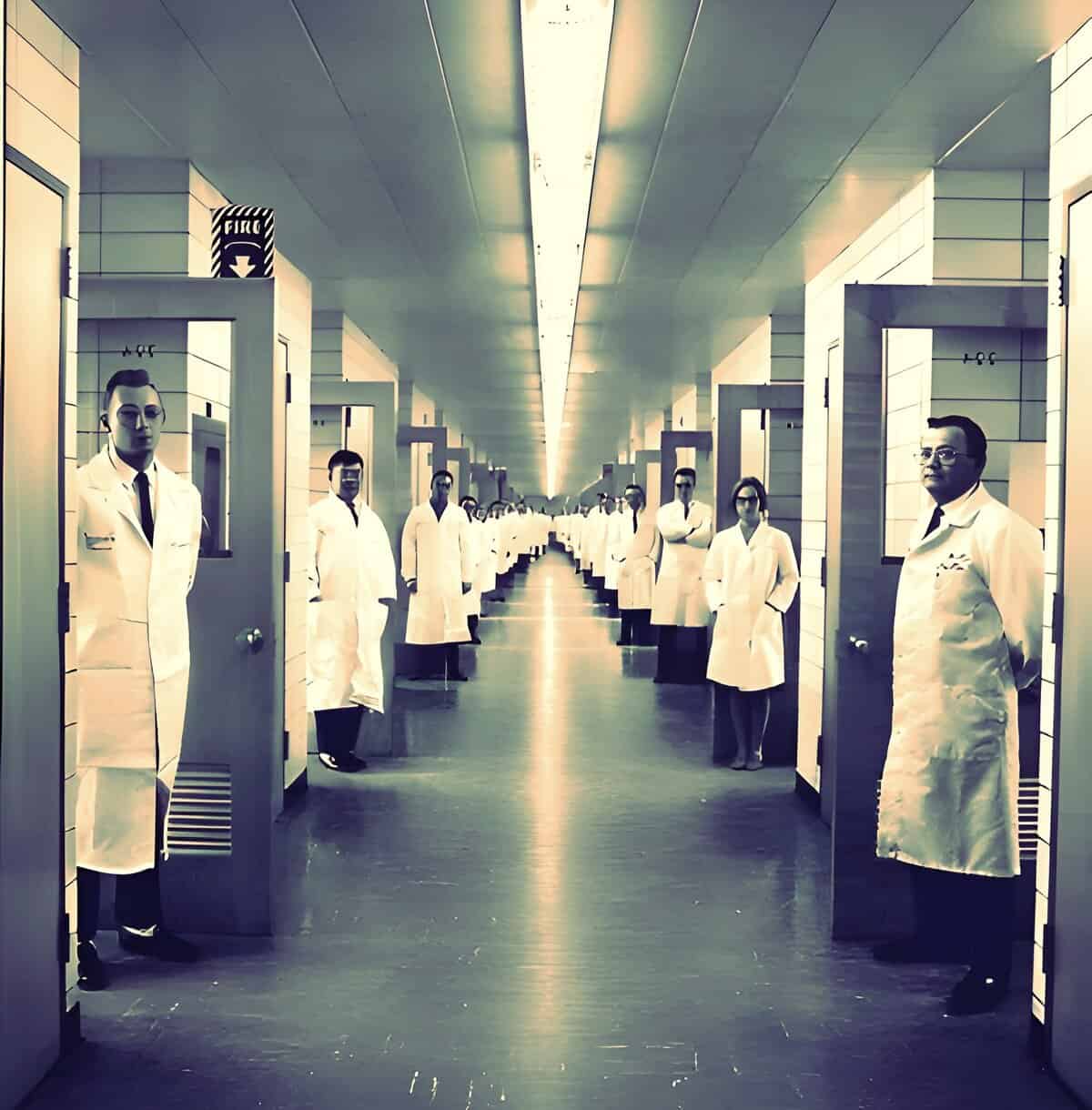 Chamber of doctors with medical staff in a hospital, healthcare facility, medical professionals, clinical environment, hospital corridor, medical team, healthcare workers, medical practice, hospital staff, healthcare professionals.