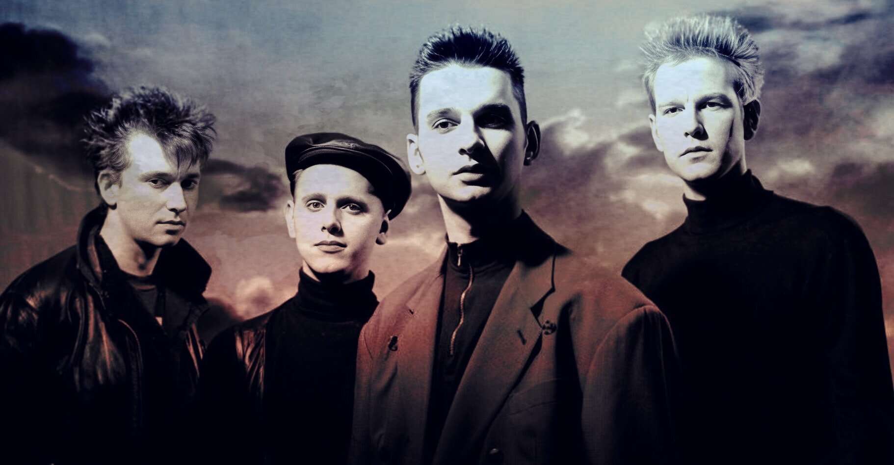Vintage alternative rock band photo with four members, moody sky background, 1980s style fashion, black and white tones emphasizing music and music history.