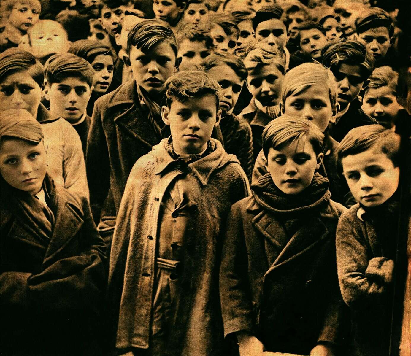 Children standing in a group, serious expressions, historical black-and-white photo, reflective of war or social upheaval, popular theme in news and history archives, evoking empathy and reflection.