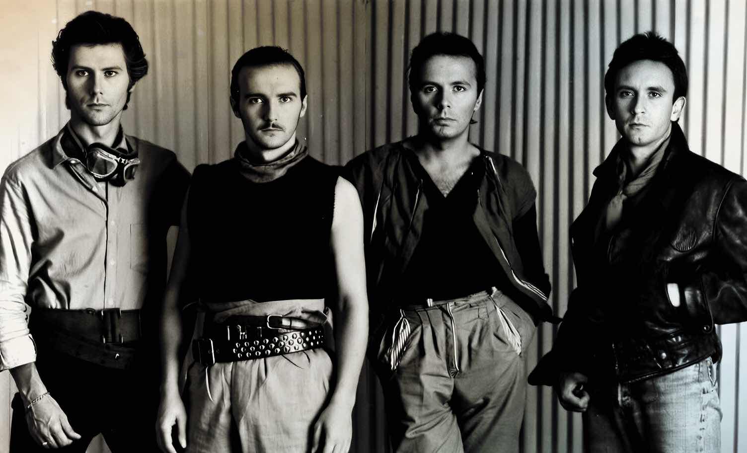 Black and white photo of The Smiths band members standing against a wooden wall, 1980s style, showcasing musicianship and iconic fashion, representing vintage music history and alternative rock.