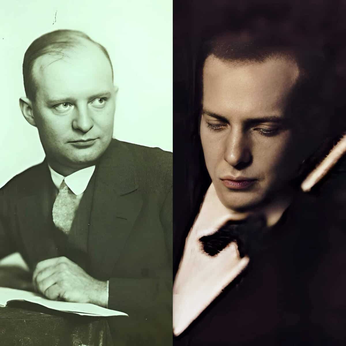 Historical black and white portrait of a young man in formal attire on the left, and a modern color image of a young man with closed eyes and tuxedo on the right, representing iconic figures in music, news and history.