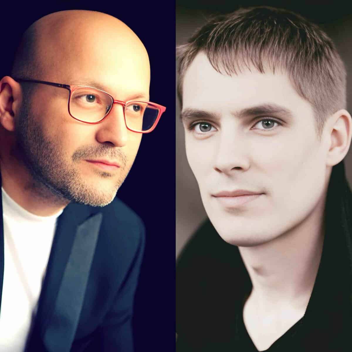 Portrait of two young men, one with glasses and a suit, and the other with a casual black shirt, representing music and news archives, emphasizing historical sound recordings and media history.
