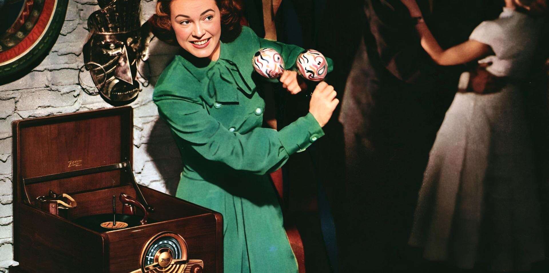 Vintage woman playfully holding maracas next to a classic record player in a retro-themed setting emphasizing music and entertainment.